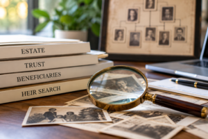 Professional heir search research involving estate records, family history, and beneficiary identification.